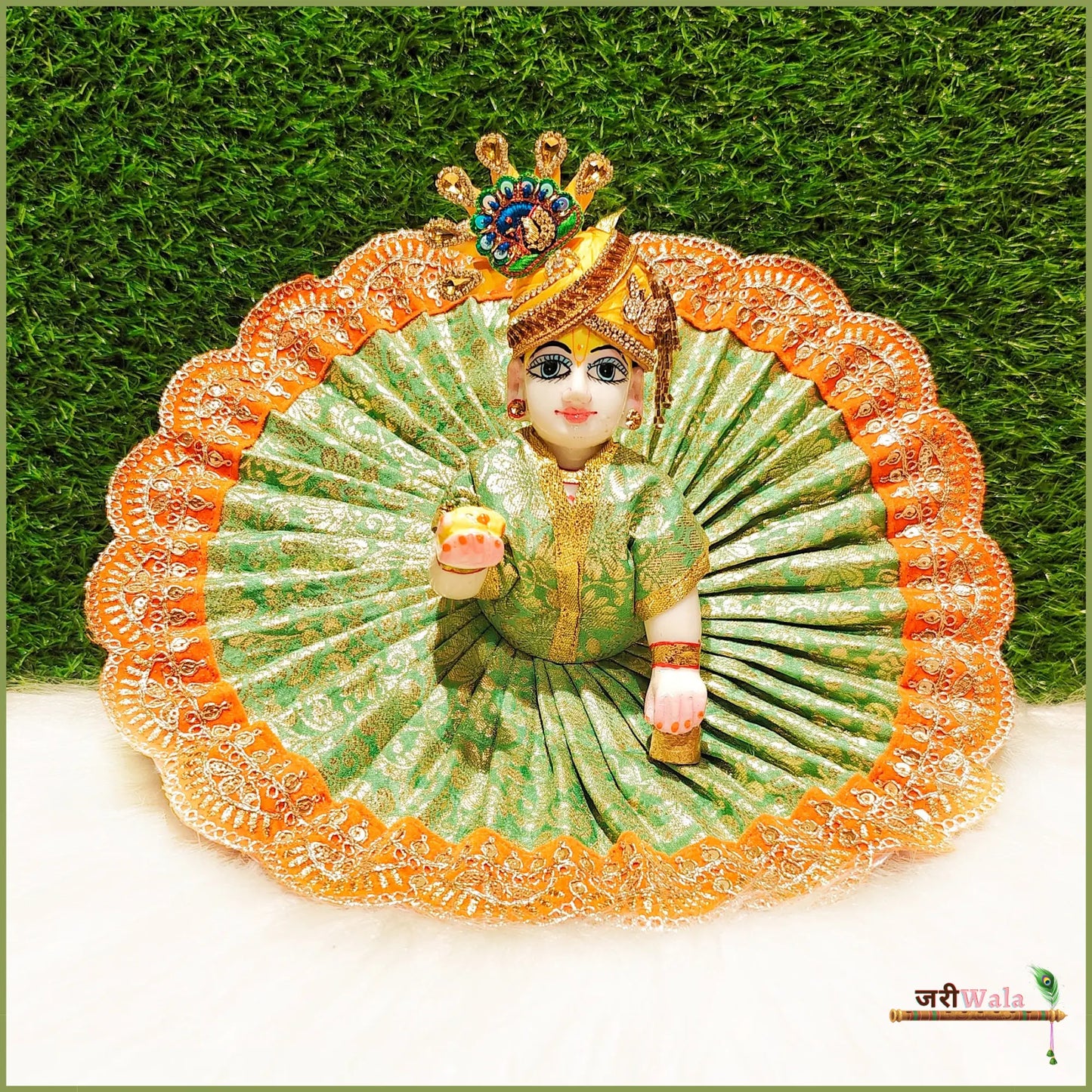 Shaneel Thread Sitara Work Green & Orange Laddu Poshak