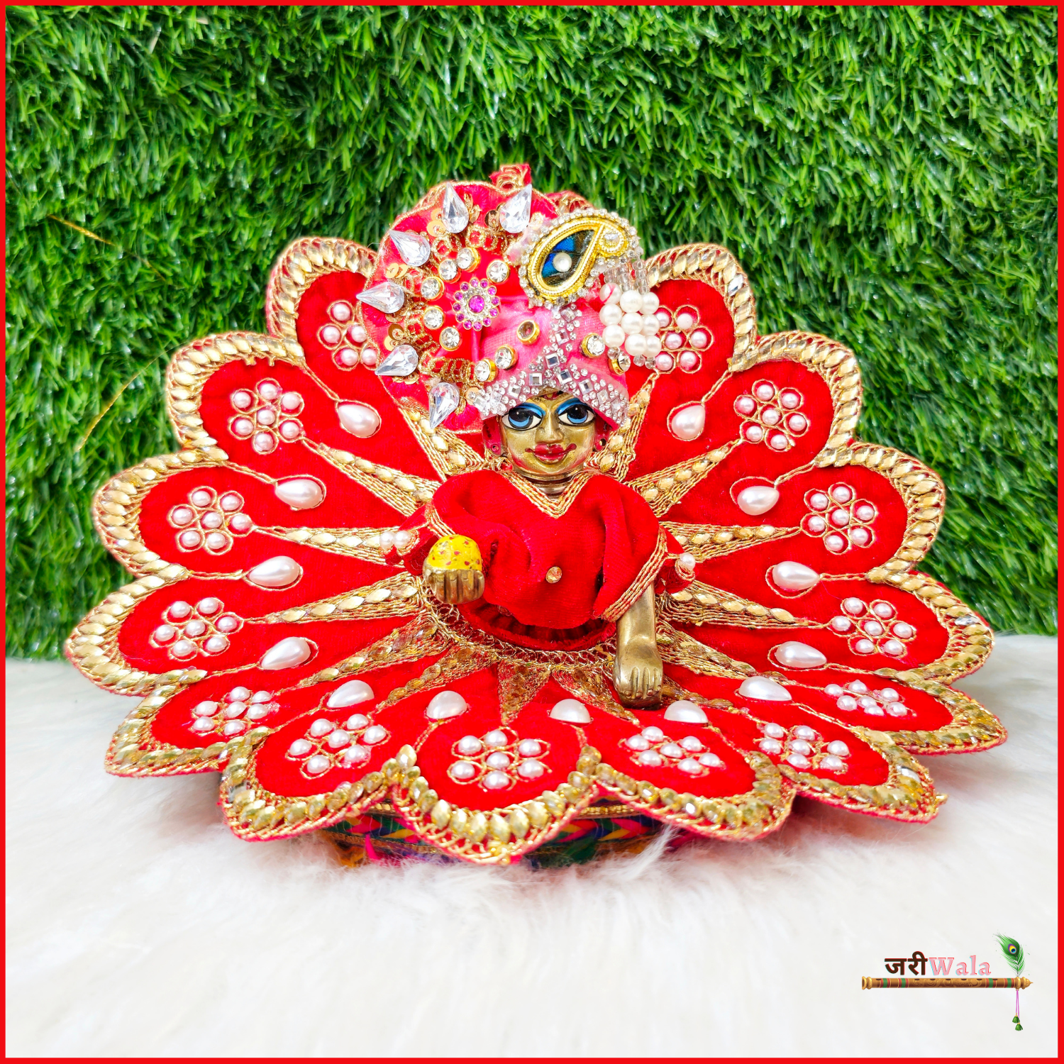 Premium Laddu Gopal Designer Dress/Poshak (Red-White Royal Pattern  Combination, Size 4) with Matching Pagdi (Pagadi) with Mor Pankh) – AspKom